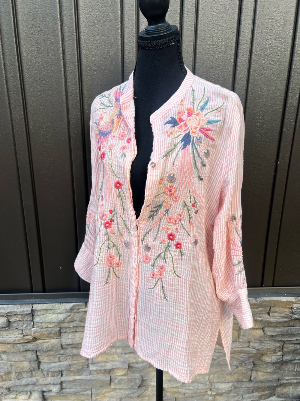 Johnny Was Pink Embroidered Floral Button-Front Tunic